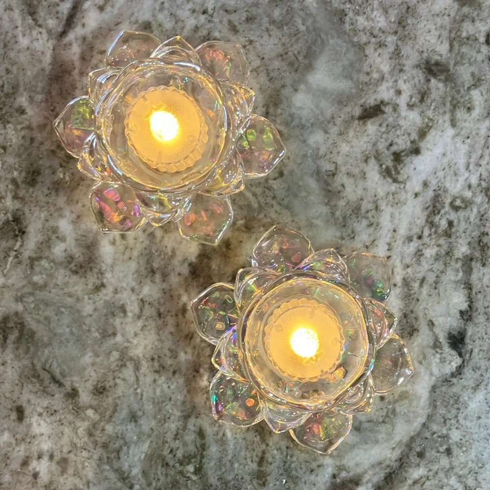 Iridescent Lotus Candle Holders Glass Set Of 2